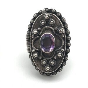 Vintage 925 Sterling Silver Genuine Amethyst Poison Locket Ring Size 5.75